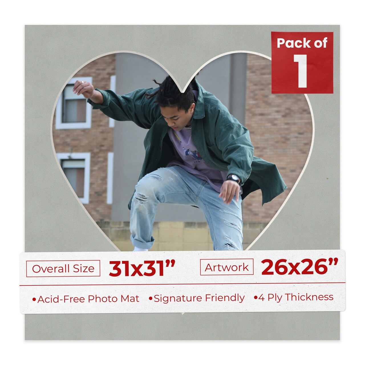 Light Grey Suede Mat Board for 31x31 Frames - Heart Opening for 26x26 Photos